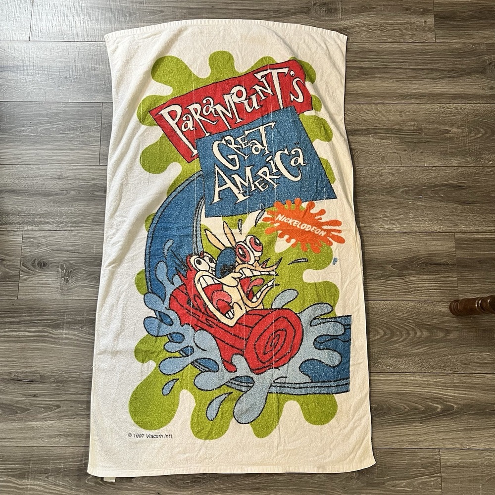 VTG 1997 Nickelodeon Ren and Stimpy Paramounts Great America Beach Towel AS IS